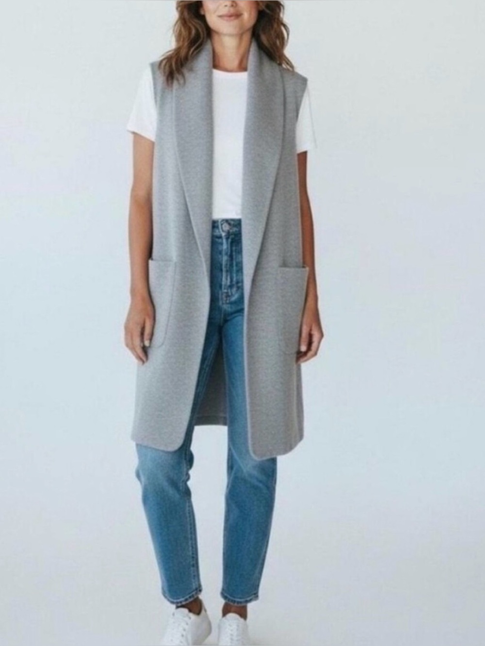 Joie Vest Duster Waistcoat Shawl Pockets Long Layering Career Classic Cozy Grey